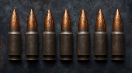Rifle bullets standing on dark background, ammunition concept