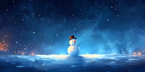 Snowman with glowing blurred bokeh lights creating a serene and magical winter background perfect for seasonal designs, style book illustration