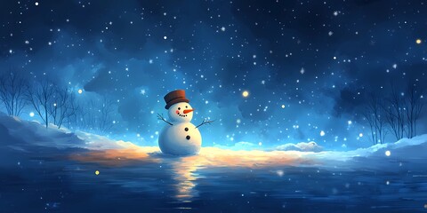 Snowman with glowing blurred bokeh lights creating a serene and magical winter background perfect for seasonal designs, style book illustration