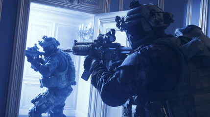Soldiers aiming with rifles during a swat team operation in a rich house