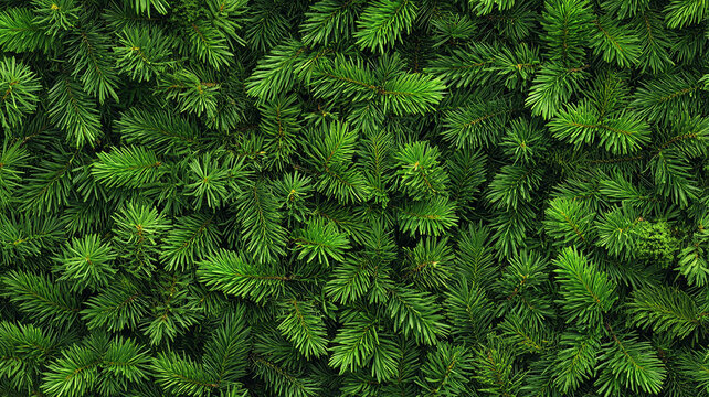 Banner with Dense green pine foliage texture, dark moody fir tree branches background - Powered by Adobe