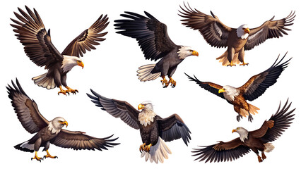 Obraz premium set collection of eagle birds in diffrent positions and views isolated on white background PNG.AI GENERATED