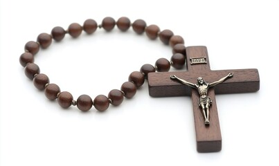 Wooden rosary beads with crucifix on white background for religious practices.
