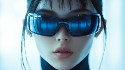 Closeup of a futuristic woman in transparent visor glasses