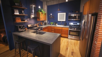 A loft-style kitchen featuring a dark blue wall, modern appliances, and concrete countertops, blending urban aesthetics with cozy elegance