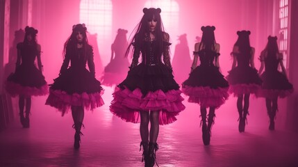 Silhouettes of dancers performing under vibrant pink neon lighting