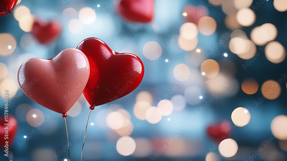 Poster glowing heart shaped floating in a vibrant neon color background with soft bokeh lights creating a r
