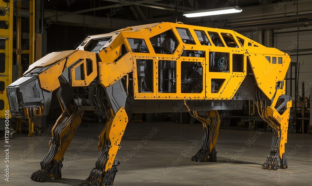 Poster yellow robotic dog prototype in warehouse, industrial automation and robotics development.