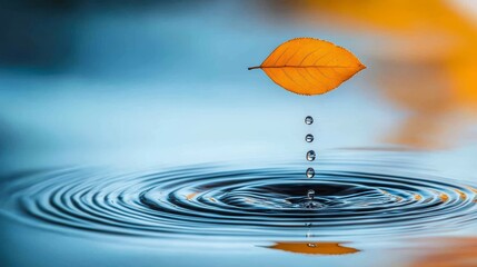 Serene Autumn Leaf Falling on Water Creating Concentric Ripples Nature Photography