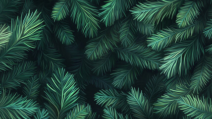 Banner with Dense green pine foliage texture, dark moody fir tree branches background