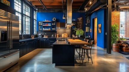 A loft-style kitchen with dark blue walls, black steel accents, and concrete floors, offering a bold and modern twist on industrial design.