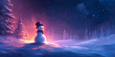 Snowman with glowing blurred bokeh lights creating a serene and magical winter background perfect for seasonal designs, style book illustration
