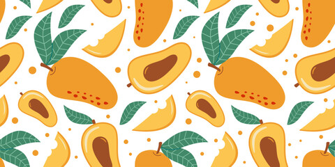 Seamless horizontal vector pattern featuring vibrant illustrations of ripe mango, halved mangoes with pit and lush green leaves. Vector illustration in Flat design for Print for fabric, textile © Ann