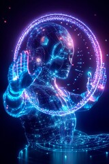 Glowing Digital Painting: Futuristic AI Figure Encircled by Energy, Dark Background. AI Generated