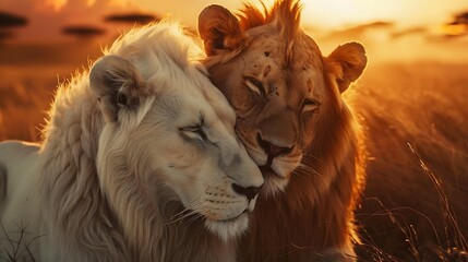 A white lion and brown lion hugging to each other at sunset