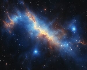 Cosmic nebula with vibrant blue and orange hues.
