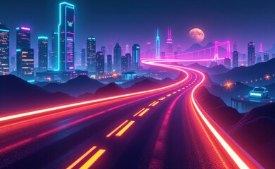 Fototapeta premium A futuristic cityscape at night, illuminated by neon lights, with a winding road leading through the scene, creating a dynamic and vibrant image.