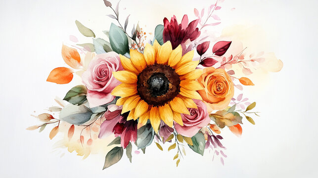 A delicate watercolor illustration of an abstract autumn bouquet, including sunflowers and pink roses, ideal for a greeting card with customizable text.