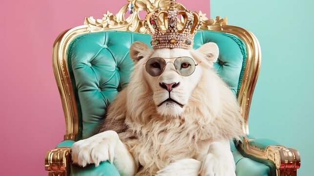A white lion wearing a golden and diamond crown on his head and wearing sunglasses and sitting on a king chair with an aqua and pink background