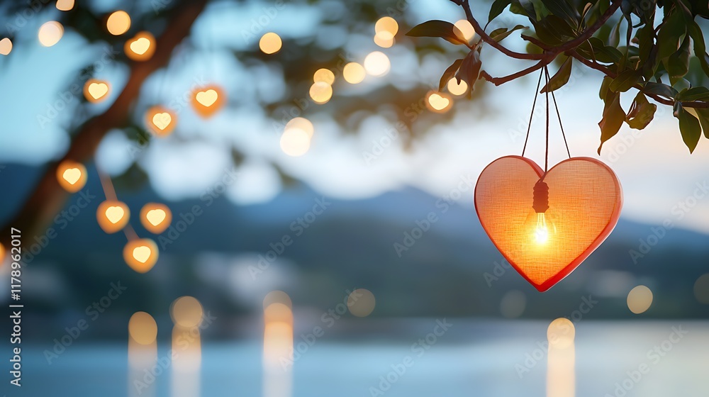 Poster glowing heart shaped lanterns suspended on strings amid a tranquil lakeside scene with a reflecting 
