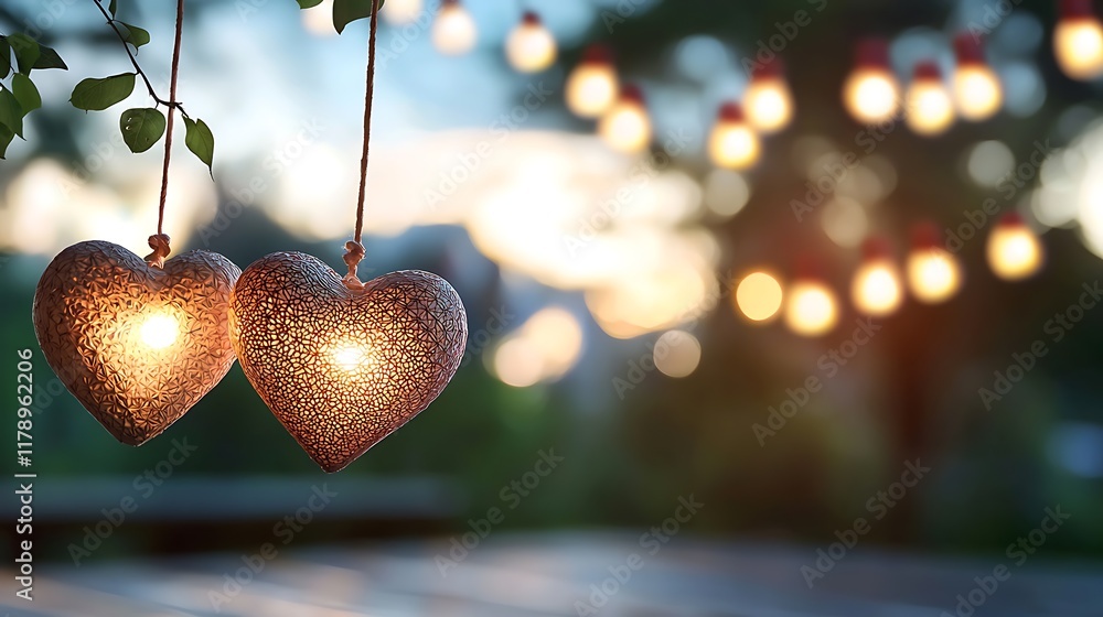 Poster glowing heart shaped lanterns suspended in the air creating a captivating and romantic atmosphere in