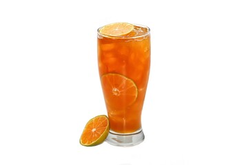 Americano ice coffee mix orange juice topping with orange juice slices put on white background and isolate concept.
