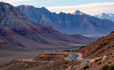 A scenic road winds through a dramatic desert landscape, with towering red rock cliffs and a clear blue sky in the background.