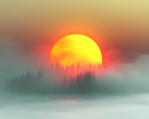 Obraz premium Misty forest sunset with large sun.