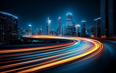 Fototapeta premium Night Cityscape Vibrant Light Trails on City Highway with Modern Skyscrapers