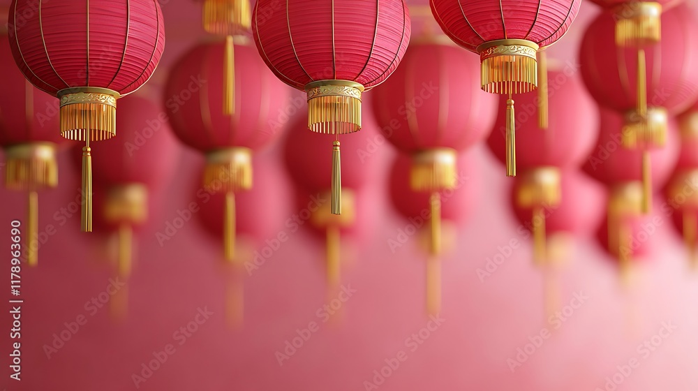 Poster the image features a vibrant display of red lanterns hanging in a row, creating a festive atmosphere