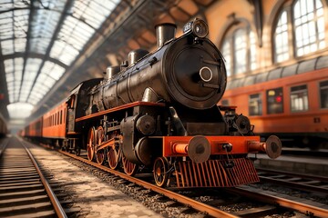 Naklejka premium A vintage steam locomotive stands proudly in a historic train station, showcasing intricate details and a nostalgic atmosphere.