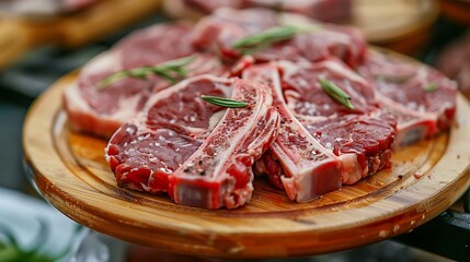 Obraz premium A wooden plate of juicy mutton steaks isolated in the market