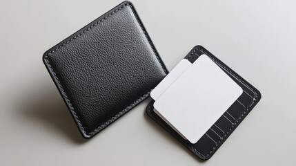Black leather card holder with two blank white cards inside, isolated on solid background. The front of the wallet was visible and there were three blank white plastic business cards sticking out.