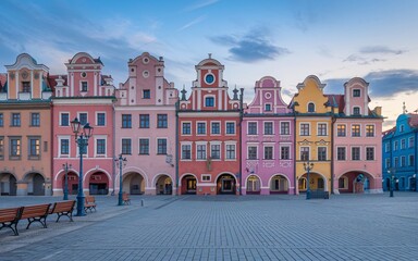 Obraz premium Colorful historic houses at sunrise in a European town square.