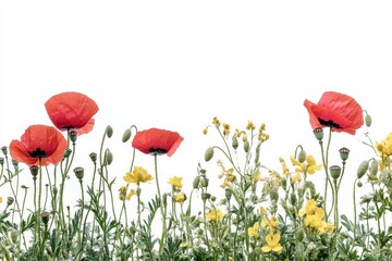 Obraz premium A wildflower field border with poppies and yellow flowers on a white background
