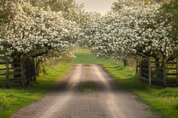 Path lined with blossoming trees leading to a sunny horizon