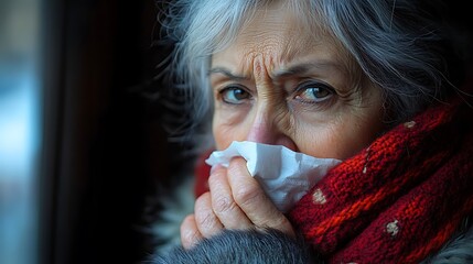 Elderly woman covering her nose mouth tissue coughing prevent spread of germ virus Health safety hygiene concept.