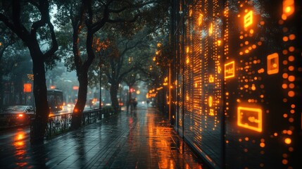 Obraz premium A rainy urban street scene illuminated by glowing reflections on wet surfaces.