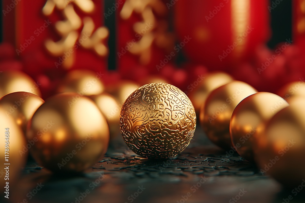 Poster a close-up of a textured golden orb surrounded by shiny gold spheres, with red lanterns in the backg