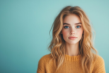 Beautiful young woman with long blonde hair wearing a yellow sweater against a blue background with copy space in the left. Fashion concept for beauty advertising.