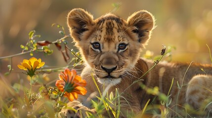 Obraz premium A young flower adorned lion cub in the wild