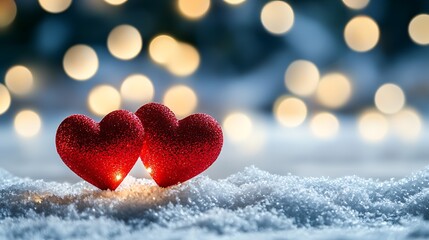 Fototapeta premium Glowing heart shaped red lights shining brightly in the snow on a cozy magical winter night The festive romantic atmosphere creates a warm intimate