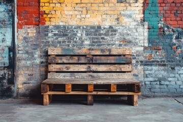 Old rustic wooden bench with peeling paint against vintage brick wall