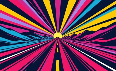 Fototapeta premium A surreal and psychedelic landscape with a swirling rainbow archway leading to a celestial path through the clouds, evoking a sense of wonder and otherworldly beauty.