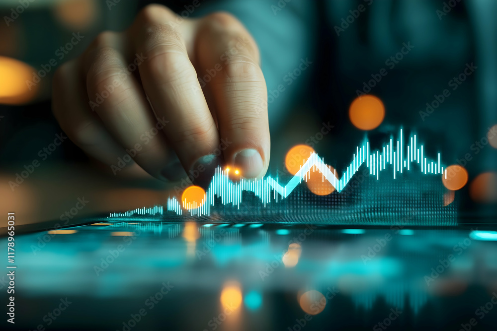 Poster a hand adjusts a digital graph displaying fluctuating data trends, illuminated by vibrant lights, su