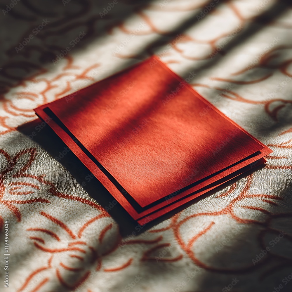 Poster a vibrant red notebook rests on an intricate patterned surface, illuminated by soft shadows, creatin