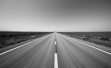 A scenic road winds through a dramatic desert landscape, with towering red rock cliffs and a clear blue sky in the background.