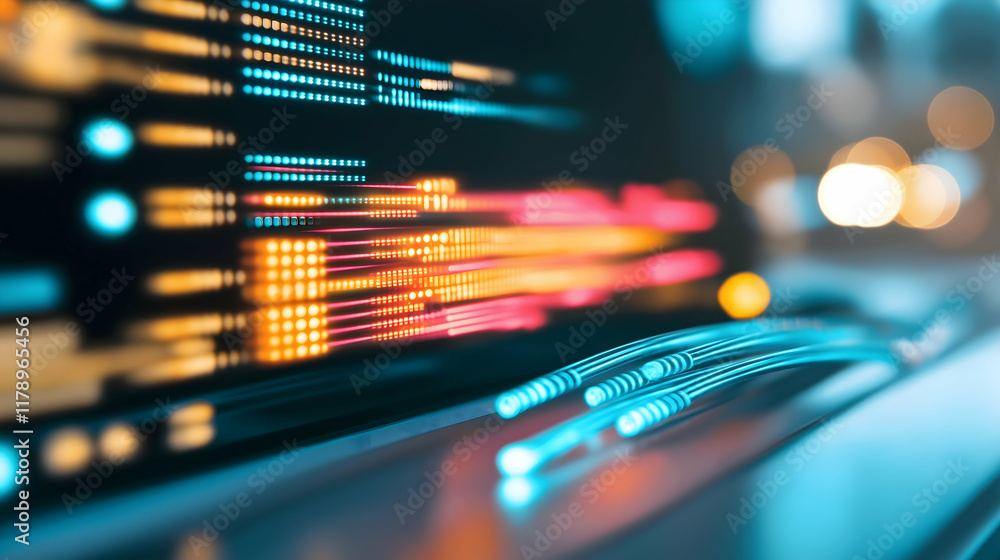 Poster a vibrant digital display showcasing colorful data patterns, representing technology and information