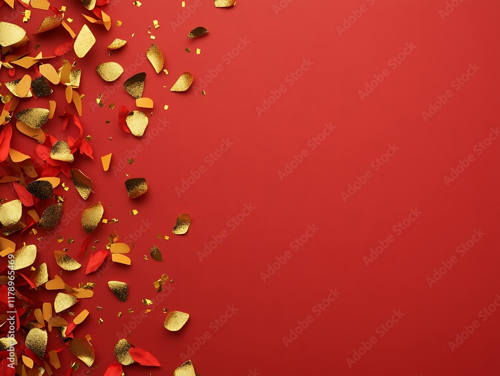 Poster a vibrant red background adorned with an arrangement of golden and colorful petals, creating a festi