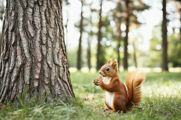 Red squirrel in forest meadow collects nuts and interacts with nature in Czech Republic